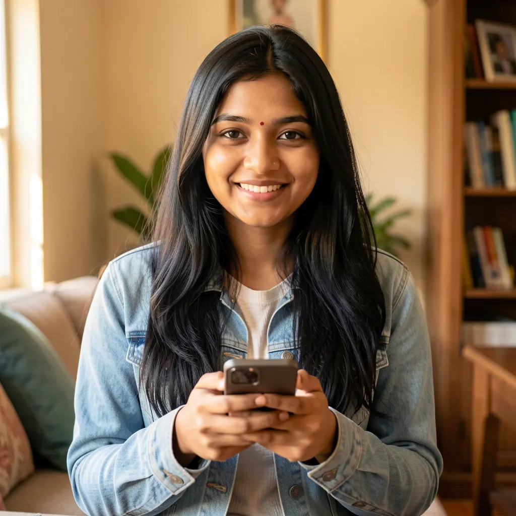 Confident Bangladeshi woman enjoying mobile casino gameplay on the AQ444 app with a relaxed smile and smooth indoor lighting