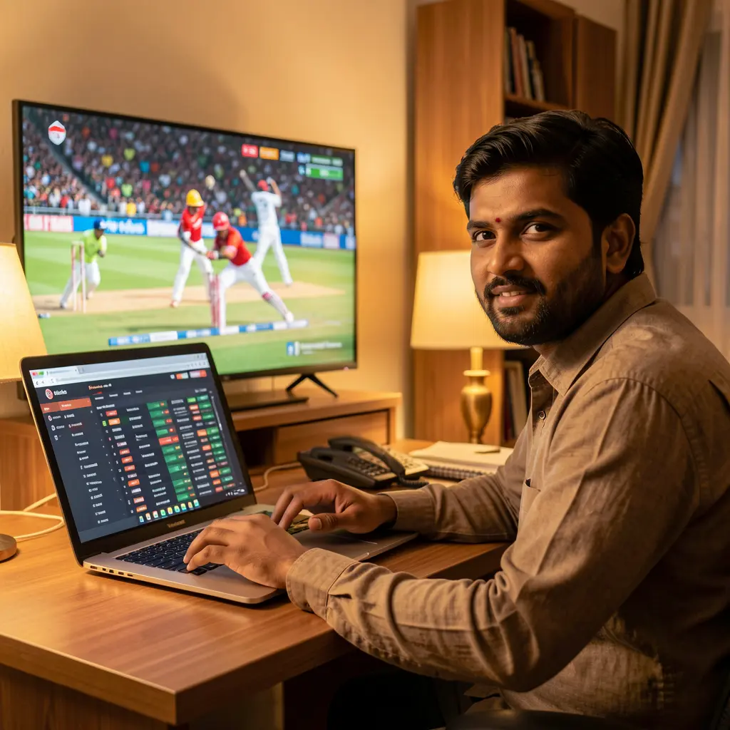 Focused Bangladeshi sports bettor analyzing cricket odds on the AQ444 betting website late at night with a live match on TV behind him