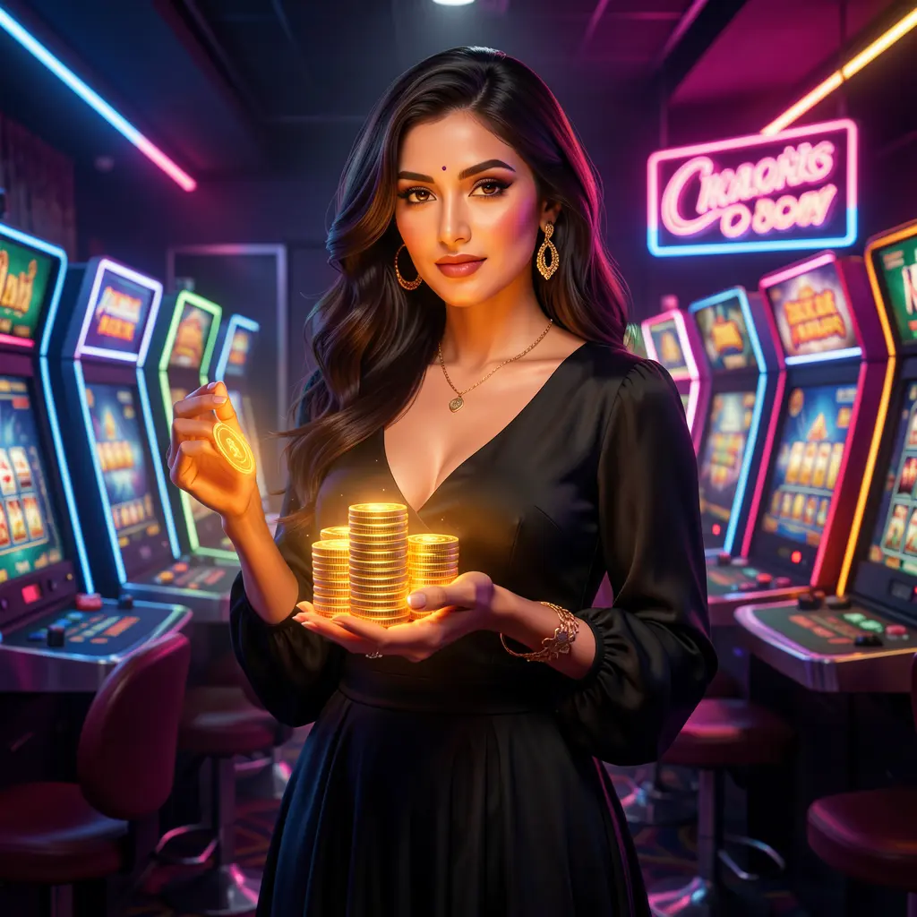 Confident casino player holding glowing chips in a neon lit casino environment representing the high energy gaming atmosphere of AQ444 in Bangladesh