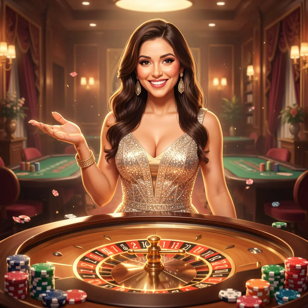 Elegant casino scene with a glamorous dealer inviting players to log in surrounded by glowing roulette lights and poker chips at AQ444 Bangladesh